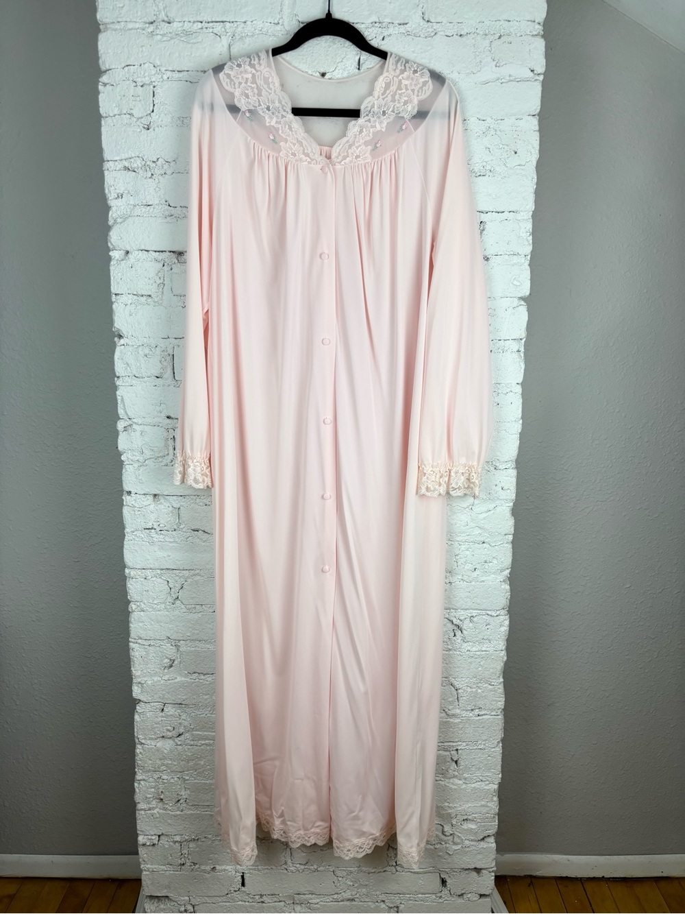 Vintage Shadowline Romantic Pink Button Front Lace Rosebud Mumu Dress Robe XL